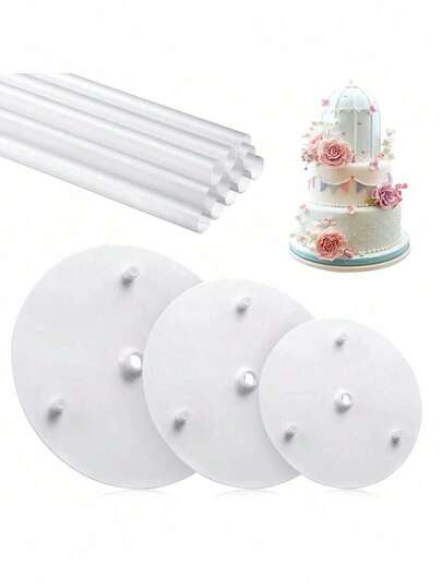 1 Set Cake Separator Plate Stand Kit Includes: 1 Separator Plate (Fits 6", 8", 10" Cakes) And 3 Plastic Support Rods (For Building And Stacking)