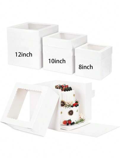 6pcs/1pc Exquisite White Cake Packaging Boxes With Clear Window, Baking Display Box With Lid, DIY Decorable Cardboard Cake Containers, 3 Sizes: 8 Inch, 10 Inch, 12 Inch (Square, For Multi-Tier Cakes) Suitable For Halloween, Christmas Party Dessert Display, Valentine's Day, Birthday, Wedding, Great For DIY Handmade, Hand-Decorate Your Own Holiday, Holiday And Party Dessert Holders