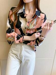 YUXIN 女士复古印花衬衫，时尚翻领设计，适合通勤和休闲穿着，舒适的长袖上衣，适合春秋假期穿着 - 彩色 - 查看 8