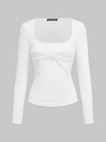 Casual Cute Minimalist Basic Lace Patchwork Blouse, Bow Tie Long Sleeve Going Out Tops For Women, Summer - White - View 8