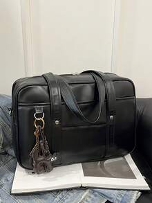 Bolso de mano minimalista de estilo oficinista, bolso de mano de mujer de moda en PU, bolso de hombro de gran capacidad de unicolor y personalizado para el trabajo - Negro - Ver 4