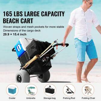 Beach Dolly With 12" Balloon Wheels, Folding Sand Cart With 29.9"X15.4" Deck, 165 Lbs Capacity, Adjustable Height 27"-44.7", Heavy Duty Cart For Beach Gear