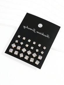 48 piezas Pendientes de botón con circonita cúbica geométrica redonda y cuadrada brillante, estilo simple punk y hip hop, set grande, adecuado para fiesta, festival, cita, regalo y uso diario - Multicolor - Ver 11