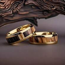 1pc Fashion 8mm Men Gold Color Stainless Steel Rings Inlay Brown Wood Rings For Men Women Wedding Engagement Band Jewelry Gift