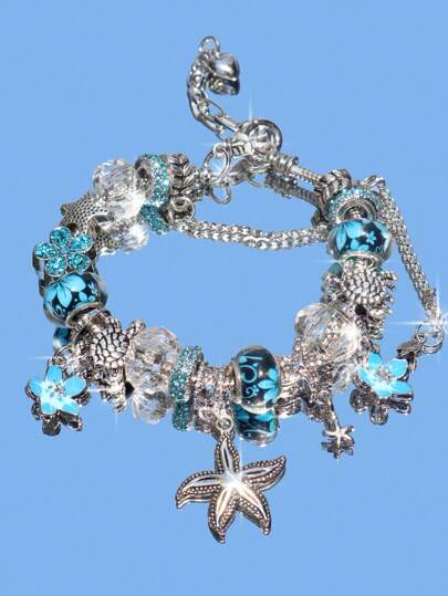 Y2Kool 1pc Classic Cherry Blossom Charm Bracelet, 1pc Fashionable Ocean Style Starfish & Shell DIY Bracelet, 1pc Pink Cherry Blossom Charm Bracelet