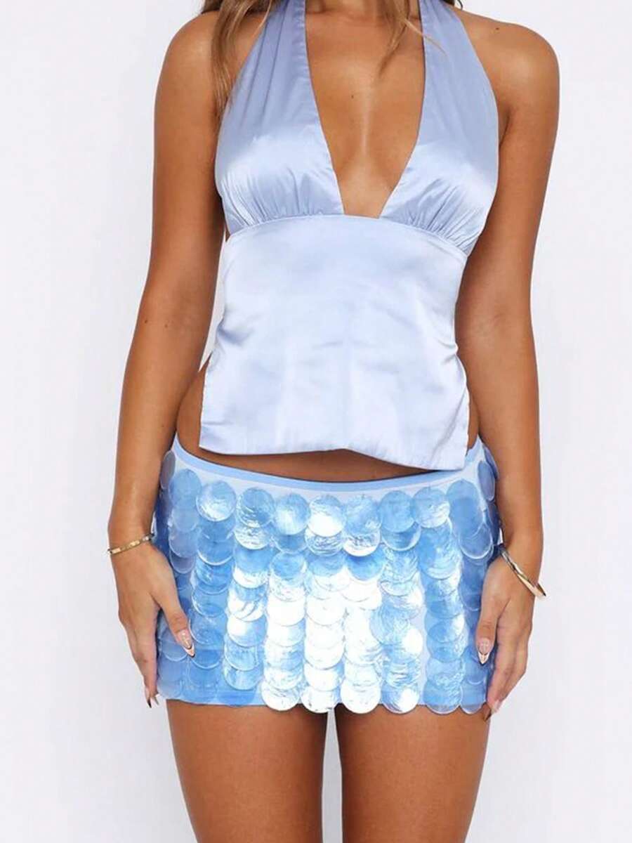Women's Halter Neck Deep V - Neckline Top, Backless Design With Tie Detail, Satin - Like Fabric, Ideal For Party Nights, Casual Outings And Spring/Sum - 藍色 - 查看 1