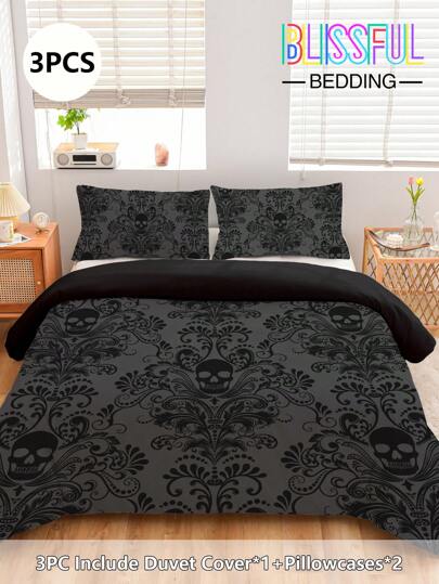 3pcs Skull Bedding Set, Black & Gray Skull Design In Victorian Baroque Gothic Style, 1 Duvet Cover + 2 Pillowcases, High-Definition Printing On 100% Polyester Fabric, Soft And Comfortable, Suitable For Bedroom, Dorm, Camping, Travel