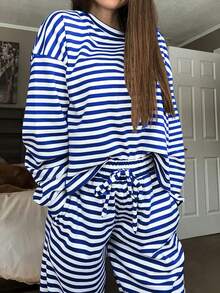 2-Pack Women's Autumn Striped Pajama Set Loose Round Neck Top Elastic Waist Pants Can Be Worn As Outerwear Home Clothes Set Drop Shoulder Sleeve Fashionable Temperament Y2K - 藍色 - 查看 5