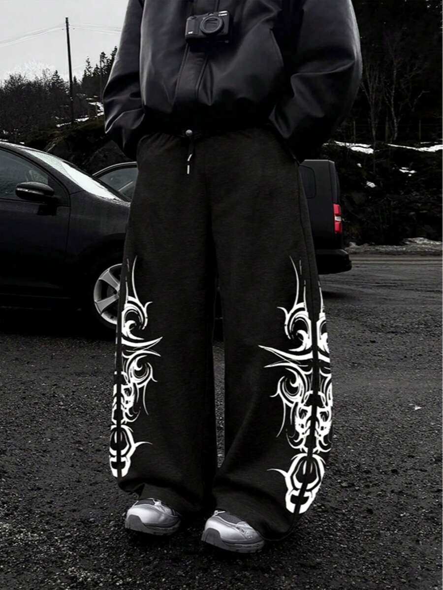 Graphic Print Casual Sweatpants, Loose Fit Straight Leg, English Graffiti Print, Streetwear Comfortable Summer, 2000s Style - Black - View 1