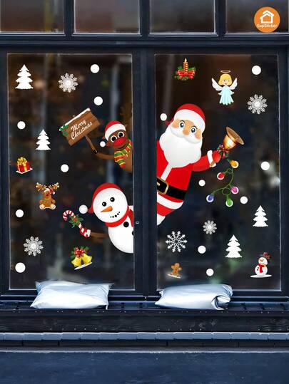 1/2pcs 12.79*9.33inch Cartoon Christmas Snowman, Reindeer And Santa Claus Element Home Decor Stickers, Double-Sided Transparent PVC Window Decals, Self-Adhesive For Living Room, Bedroom, Kitchen, Mall Display, Creates Holiday Atmosphere