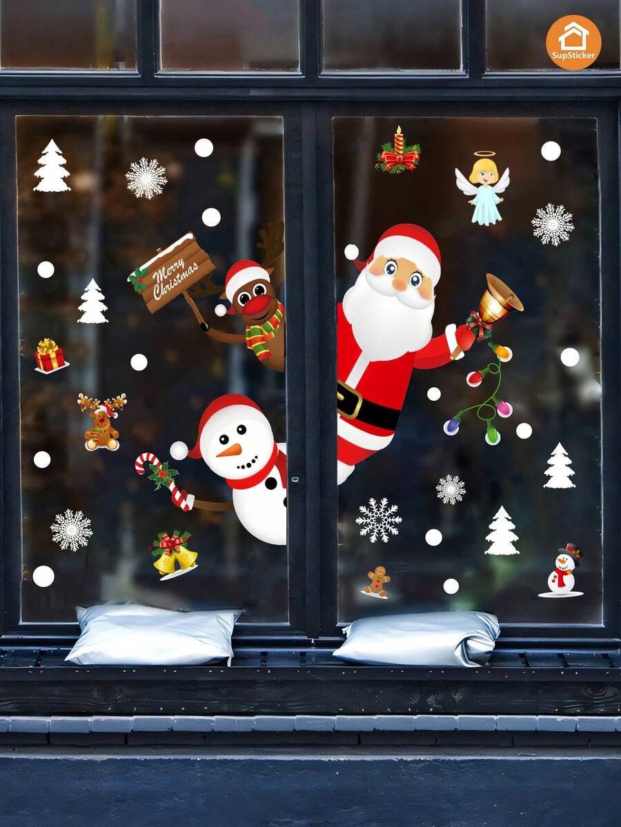 SUPSTICKER 1/2pcs 12.79*9.33inch Cartoon Christmas Snowman, Reindeer And Santa Claus Element Home Decor Stickers, Double-Sided Transparent PVC Window Decals, Self-Adhesive For Living Room, Bedroom, Kitchen, Mall Display, Creates Holiday Atmosphere - Multicolor - View 1