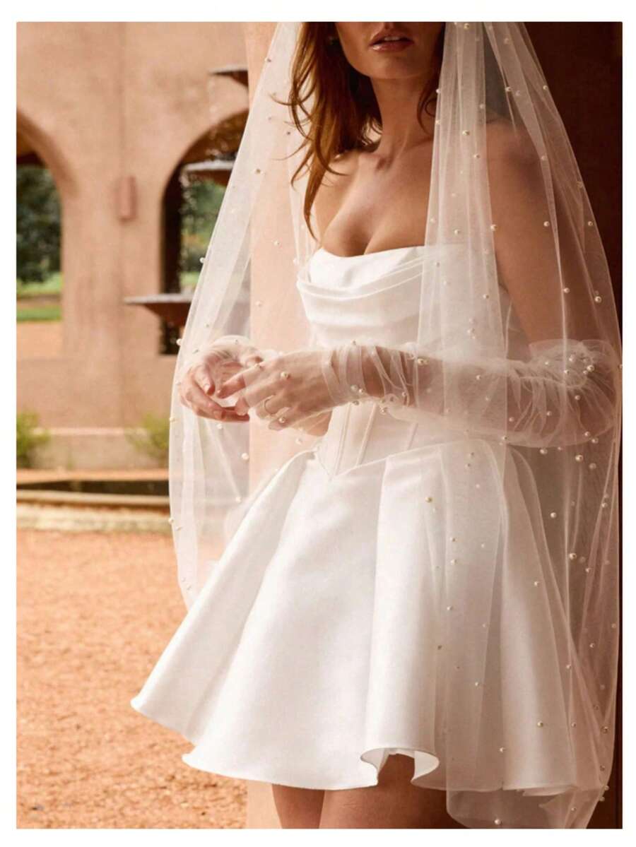 1 件珍珠装饰新娘面纱，浪漫婚礼配饰，优雅单层白色面纱配金属梳，适合新娘、新娘送礼会、摄影道具、万圣节、圣诞节秋季女士服装 - 彩色 - 查看 1