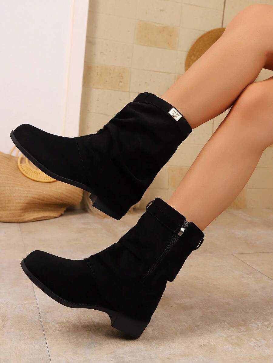 2025 西部褶饰踝靴，女款秋冬复古牛仔马靴，带扣，节日 - 黑色 - 查看 1