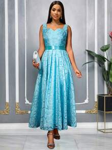 AOMEI hellblaues elegantes Damen Kleid mit quadratischem Ausschnitt, ärmellos, Spaghettiträger, Blumen Jacquard, tailliert und ausgestellt, Cocktail Party Kleid