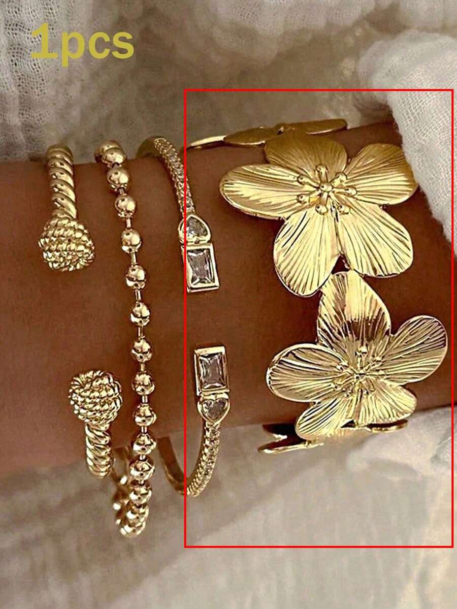 1 件花卉纹理金属厚手镯，可调节开口设计，可爱、时尚、优雅、复古、多层，适合节日、派对、礼物、日常通勤