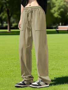 Men's Drawstring Linen Pants With Pockets Stylish Solid Casual Mid Rise Wide Leg Trousers For Spring/Autumn - 卡其色 - 查看 2