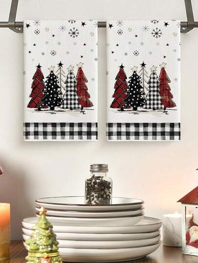 1 pieza/2 piezas Toallas de cocina con decoración navideña de árboles de Navidad a cuadros búfalo y Papá Noel, de 16x24 pulgadas, decoración estacional para el baño, para usar en la cocina en el día de Navidad para cocinar y hornear - Perfecto para decoraciones navideñas del hogar