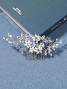 1pc Elegant Handmade Faux Pearl & Rhinestone Bridal Hair Comb, Wedding Dress Accessory - White - View 7