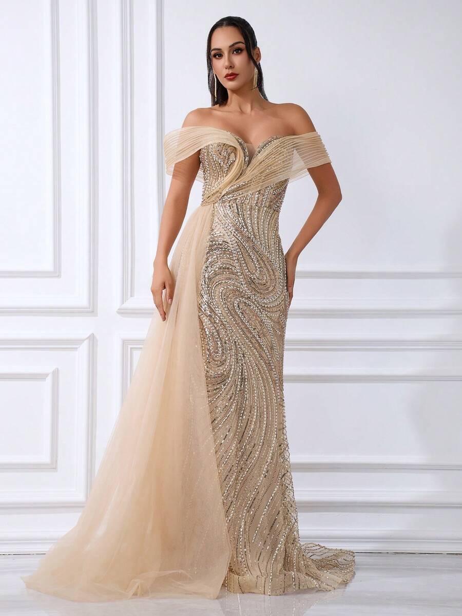 Elegant Golden One-Shoulder Mermaid Evening Gown With Beaded Crystal Organza Floor-Length Skirt, Suitable For Birthday Parties, Dance Parties And Other Formal Occasions - Gold - View 1