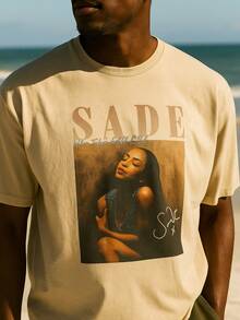 Sade Adu Portrait Men's Summer Casual Loose Soft 100% Cotton Crew Neck Short Sleeve Khaki T Shirt,Singer Photo Design, Breathable Lightweight Fashion,Matching Jeans Or Shorts For Music Fans, Daily Style. - 卡其色 - 查看 1