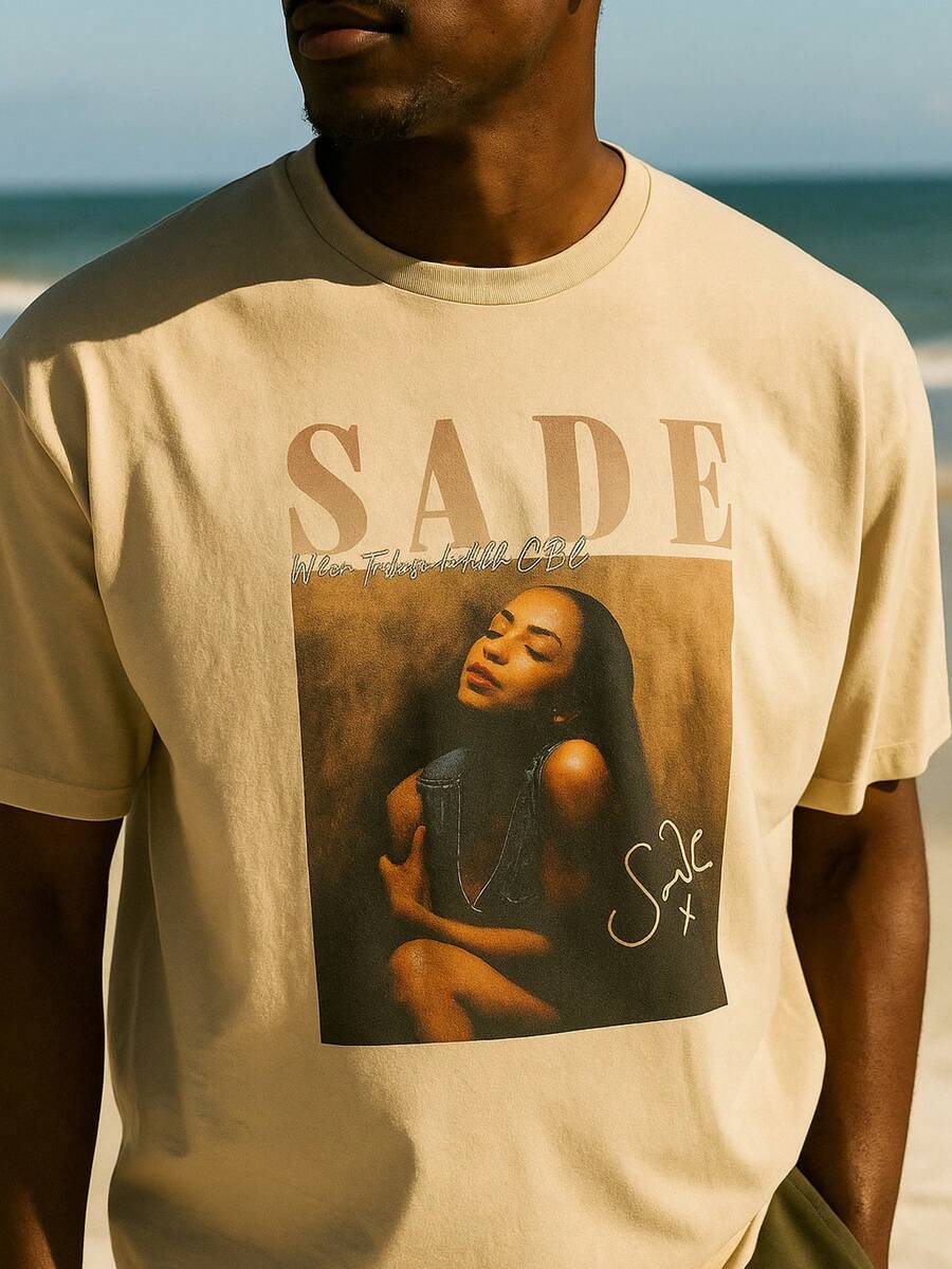 Sade Adu Portrait Men's Summer Casual Loose Soft 100% Cotton Crew Neck Short Sleeve Khaki T Shirt,Singer Photo Design, Breathable Lightweight Fashion,Matching Jeans Or Shorts For Music Fans, Daily Style. - 卡其色 - 查看 1