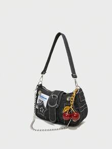 Chiếc túi đeo vai thời trang mới này kết hợp giữa dây xích kim loại và họa tiết hoa anh đào đỏ, có khóa bấm, phù hợp cho việc đi làm hàng ngày, mua sắm, hoạt động ngoài trời và nhiều dịp khác nhau. - màu đen - Xem 2