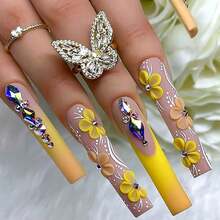 Orange French Fake Nails With Rhinestones - Square Design, Glue On, Fall Nail Press Ons, Stick On Nails, 24 Pcs For Women - 長款-C5C9 - 查看 1