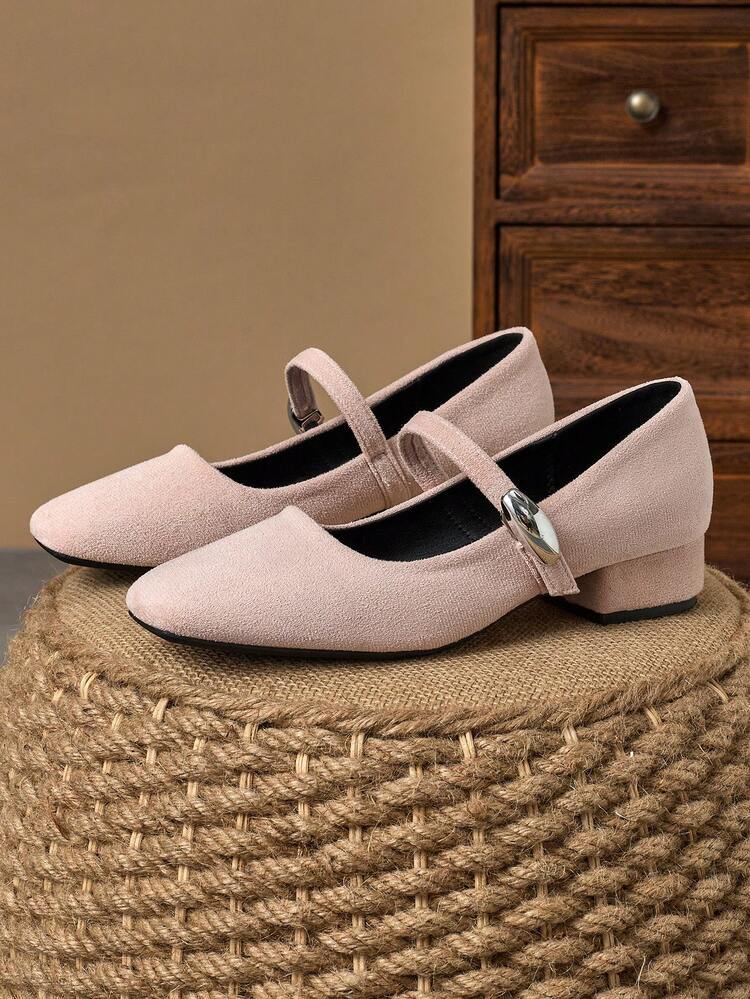 女式 3 厘米布面高跟时尚百搭白色玛丽珍粗跟平底鞋，适合所有季节 - 粉色 - 查看 5