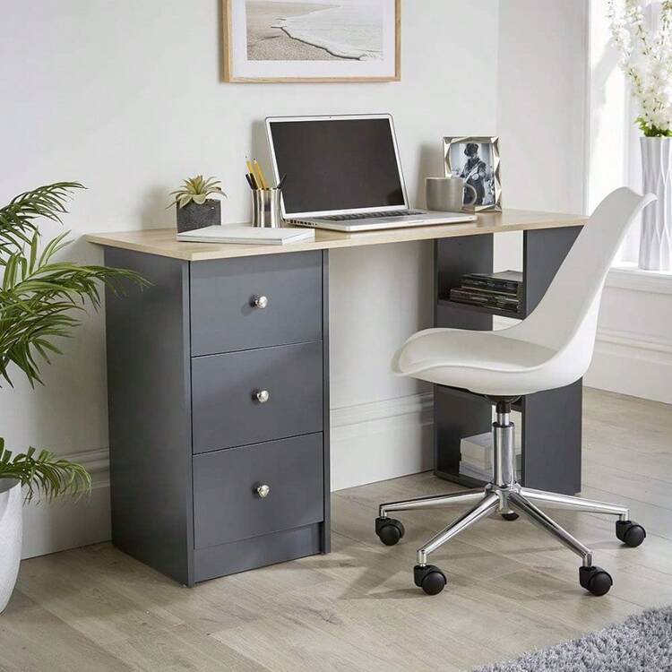 Computer Desk Bedroom Office Furniture 3 Drawer 3 Shelf Dark - Grafito - Añade 2