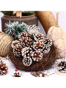5pcs Natural Pine Cones Christmas Ornaments, Large Christmas Tree Pine Cones, 3 Sizes, Snowy Pine Cones For Christmas Tree, Gift Tags, Wreaths, Christmas Craft Hanging Decor