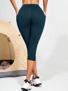 Wide Waistband Phone Pocket Side Capri Sports Leggings - Teal Blue - View 3