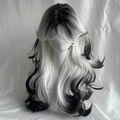 Parrucca sintetica lunga 26 pollici con onde riccio nere e bianche - rete in raso morbida e confortevole, perfetta per uso quotidiano, feste e vacanze, texture realistica, per Ognissanti e accessori per capelli di tutti i giorni | Accessorio per capelli alla moda | Texture realistica, parrucche