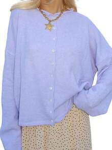 Women Y2k Crew Neck Cardigan Sweater Long Sleeve Button Down Solid Color Top Fall Casual Vintage Lightweight Knitwear - Màu tím - Xem 6