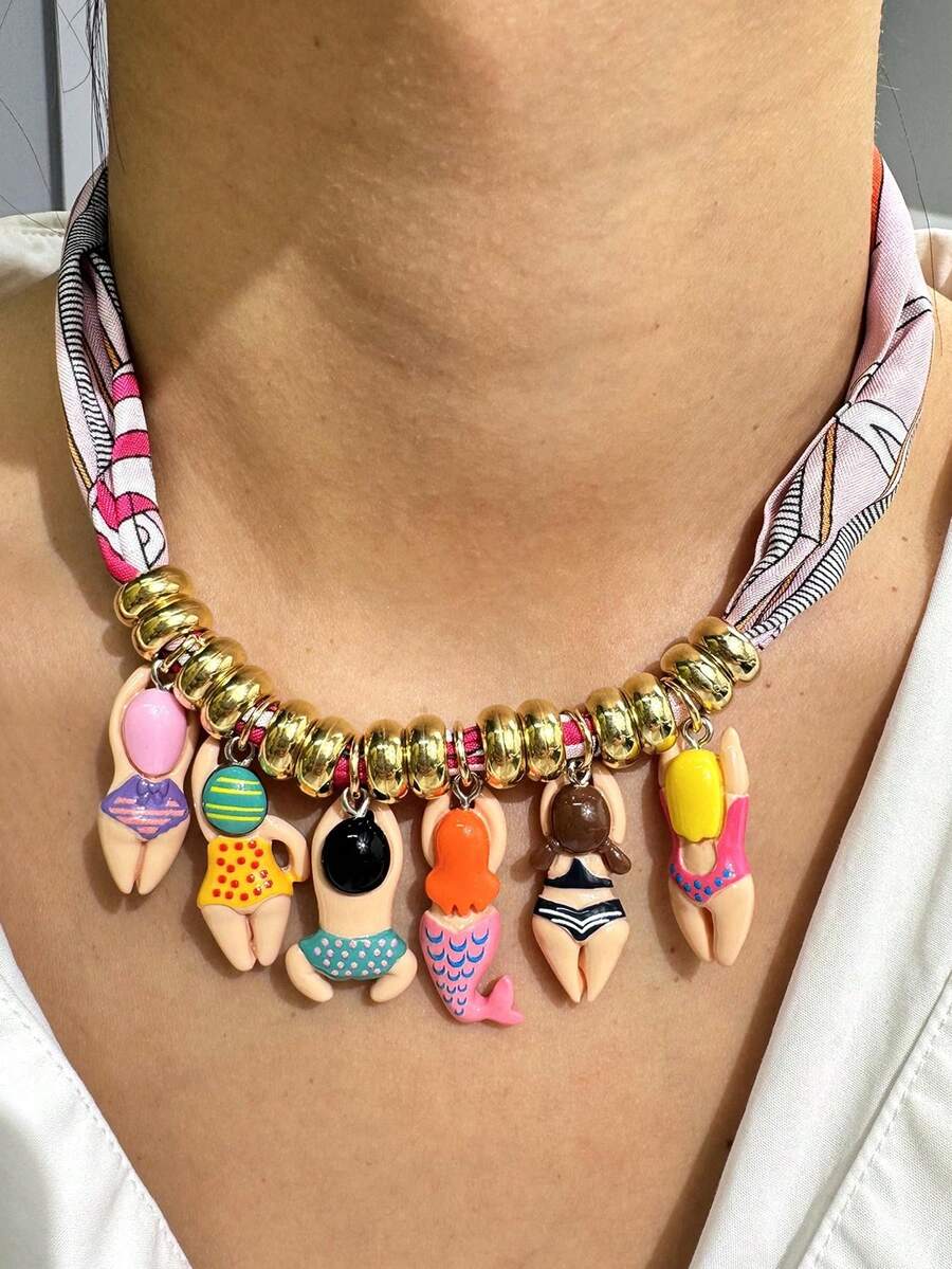 1 件紫红色丝带彩色趣味男孩和女孩游泳吊坠项链、头巾项链、卡通可爱趣味珠宝、个性化 Y2K 女士配饰 - 彩色 - 查看 1