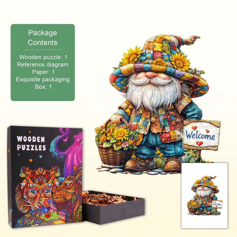 Sunflower Gnome - Wooden Puzzle, Asymmetrical Shape Animal Wooden Puzzle Toy, Unique Party Game Gift, Decorative Art Painting, Tabletop Magic Puzzle, Unique Children's Educational Puzzle, Holiday Gift, Suitable For Kids, Christmas Gift, Back To School Gift, Birthday Gift