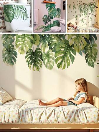 BRUP 1/2 张/套鲜活绿色龟背竹叶墙贴 | 热带丛林儿童房贴纸，适用于女孩房间 | 可移除植物墙贴 | 自粘式儿童房装饰 & 绿色浴室装饰 & 植物绿叶装饰