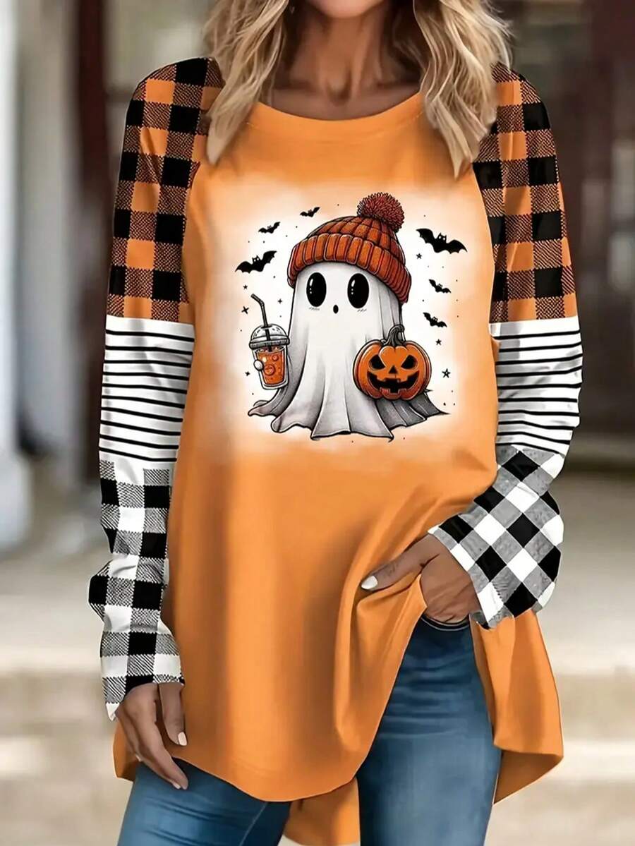 Plus Size Women Plaid Insert Sleeve Print Casual T-Shirt, Spring & Autumn