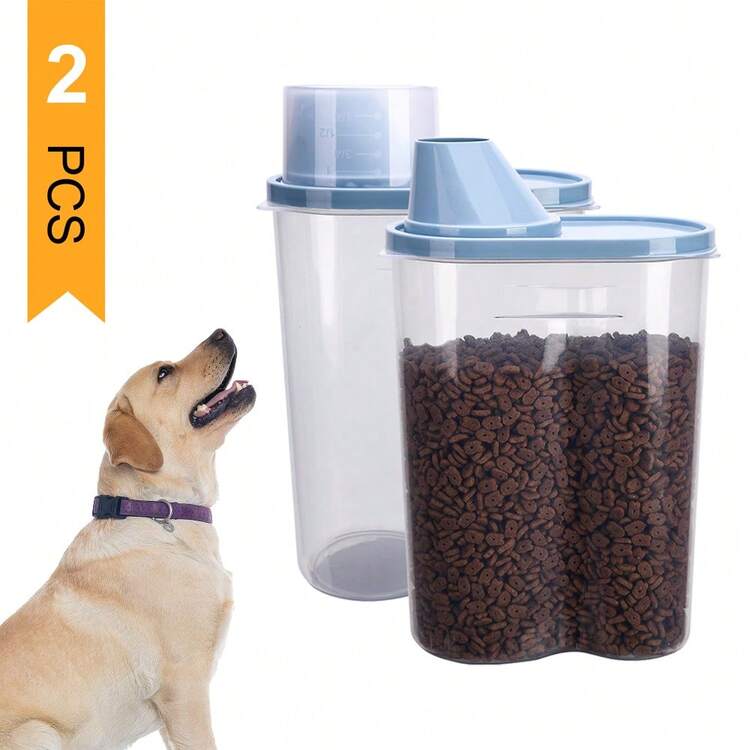 2 Pack 2lb/2.5L Pet Food Storage Container With Measuring Cup, Can Covers And Bowl For Small Dog, Cat, Waterproof - 藍色 - 查看 1