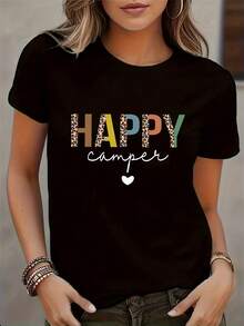 Women'S Stylish Printed T-Shirt, Casual Round Neck, Short Sleeves, Breathable, Machine Washable, Perfect For Camping Enthusiasts. - màu đen - Xem 1