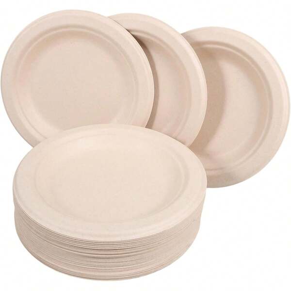 10/25/50/100pcs 7/8/9 Inch Party Paper Plates, 100% Compostable Paper Plates, Natural Colored Disposable Plates Made Of Unbleached Bamboo Fiber, Organic, Freezer & Microwave , , Waterproof, Disposable Dinnerware Plates For Dessert, Cake, Appetizer, Picnic, Dinner Party, Christmas, Communion, Valentine's Day