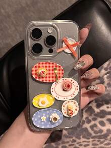Cute Funny Epoxy Dinner Plate Food Glitter Clear Phone Case Compatible With IPhone 16 15 14 13 Pro Max Lovely Creative Sequins Glitter Back Gift - Clear - View 4