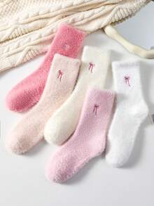 2/4 Pairs Women Bow & Heart Pattern Cute Minimalist Cashmere Blend Mid-Calf Socks, Thick Soft Fluffy Warm Comfortable, Random Colors - Multicolor - View 5