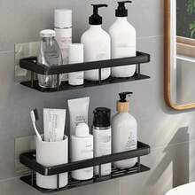 3/4 pezzi Mensola da bagno montata a parete anti-ruggine e lucida - Senza foratura richiesta, Portaoggetti adesivo salvaspazio per shampoo, balsamo ecc., Design di drenaggio facile, Soluzione di stoccaggio per il bagno, Mensola da bagno moderna, Rastrelliera in plastica durevole