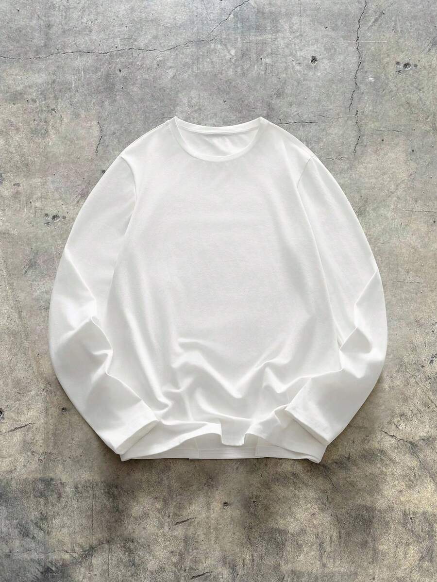 AXEPEAK Men's Solid Color Round Neck White Long Sleeve Casual Loose Versatile T-Shirt - White - View 1