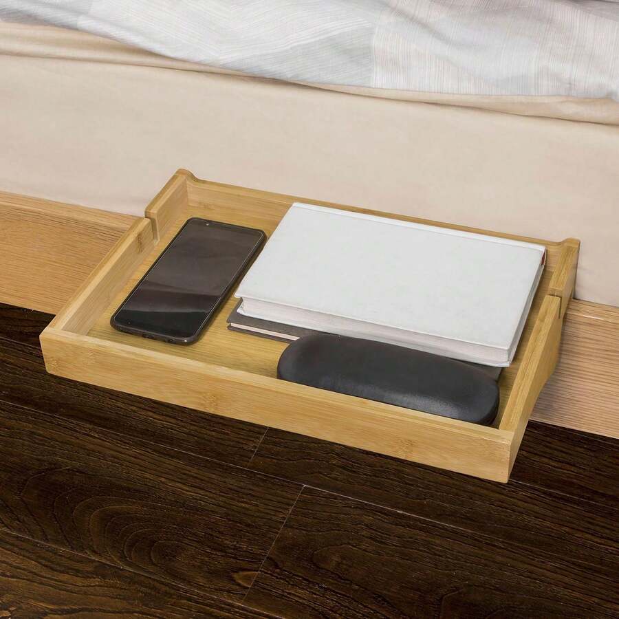 SoBuy NKD01-W, Bedside Shelf Clip-On Hanging Shelf Bed Side Shelf Table Tray With 2 Wire Slots, White - Brown - View 1