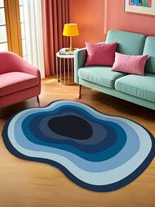 1pc Blue Ombre Geometric Design Area Rug, Abstract Creative Decorative Carpet For Living Room, Asymmetrical Shaped Plush Washable Rug For Home Decor, Autumn/Winter