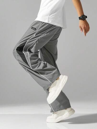 1pc Comfortable Elastic Waist Drawstring Sporty Contrast Color Casual Loose Straight Leg Cargo Pants, For Fall