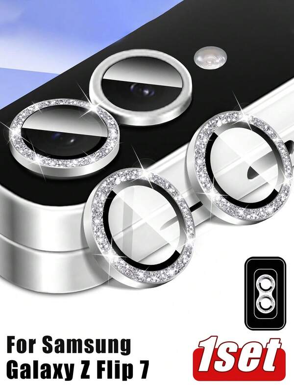 1 Set Camera Lens Protector, Tempered Glass Camera Cover Screen Protector, Automatic Flash Alignment Independent Metal Ring Sticker Compatible With Samsung Galaxy Z Flip 7, Suitable For Daily Protection, Office, Home Use, Shiny Crystal Lens Protector, Waterproof, Shockproof, Anti-Fall, Anti-Scratch, Anti-Fingerprint, Full Coverage
