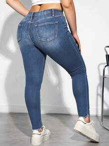 Jeans azules informales de talla grande, ajustados, elásticos y rotos, Pantalones vaqueros azules con rasgados y elásticos, atuendo casual y sexy de talla grande, ropa de vuelta al colegio, ropa de mujer para otoño