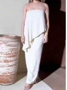 Long Asymmetrical Strapless Pantaloon Jumpsuit Spring Summer - Beige - View 5